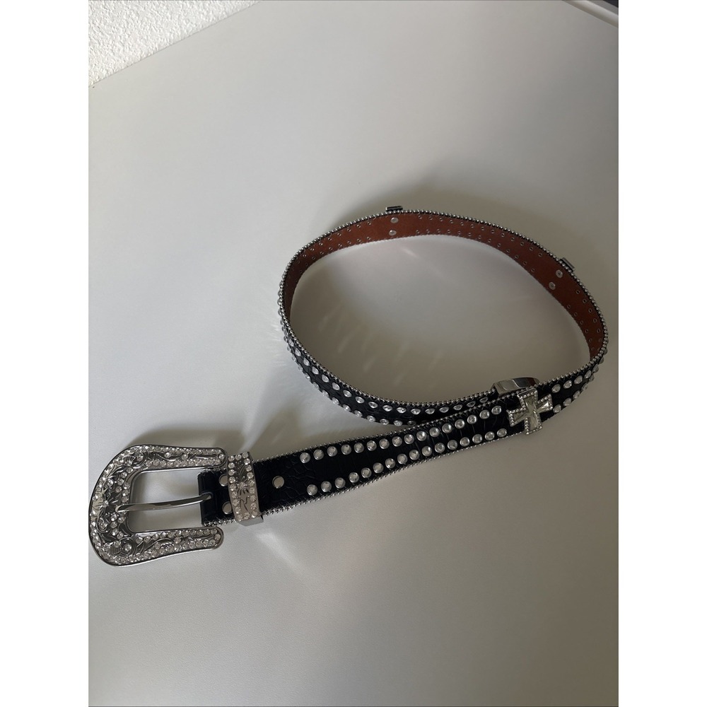 Blazin Roxx Western Belt Women Small Black Scalloped Rhinestone Cross Bling